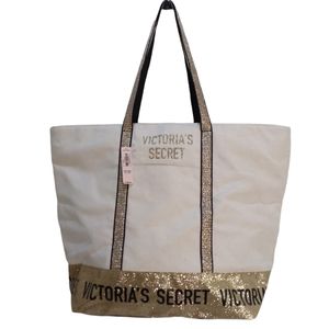 🆕️VICTORIA'S SECRET Gold Glitter Canvas Large Tote Bag NWT